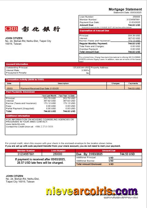 Taiwan Chang Hwa Bank mortgage statement